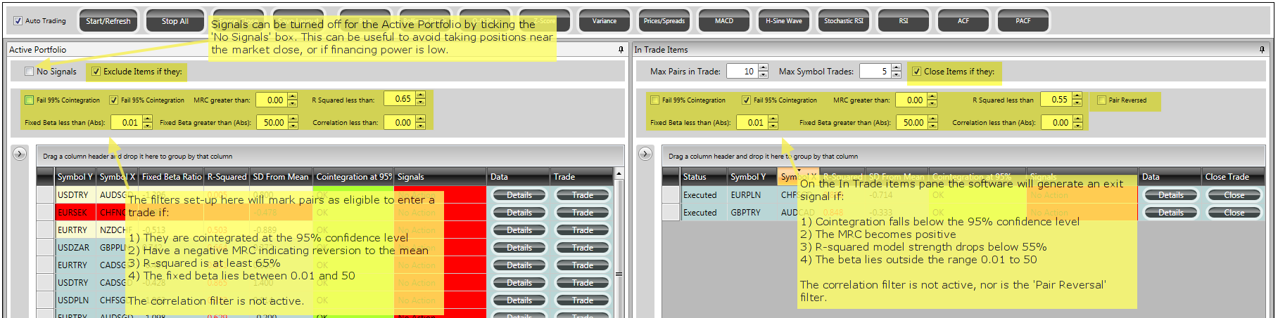 Shot from the documentation explaining how the Dynamic Filters protect individual pairs/strategies during live tracking & trading