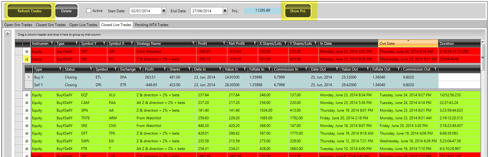 A shot of the internal record of simulated trades made in ArbMaker