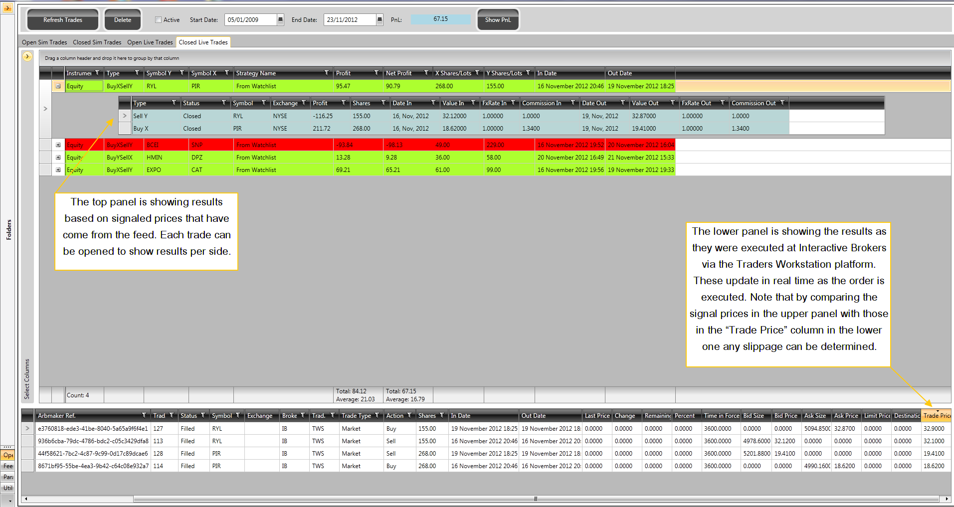 A shot of the internal record of live trading to IB's TWS platform
