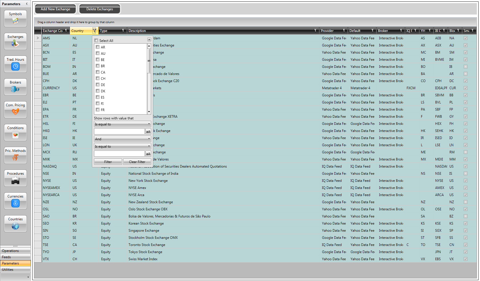 Wide selection of exchanges available by default with the ability to add more